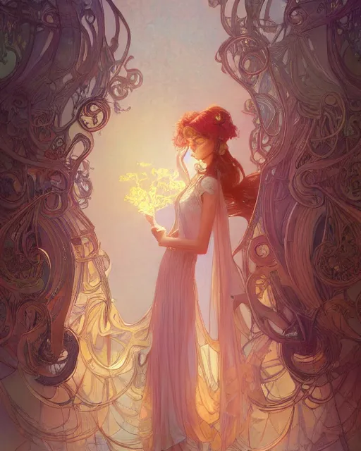 Image similar to secret romance, highly detailed,, gold filigree, romantic storybook fantasy, soft cinematic lighting, award, disney concept art watercolor illustration by mandy jurgens and alphonse mucha and alena aenami, pastel color palette, featured on artstation