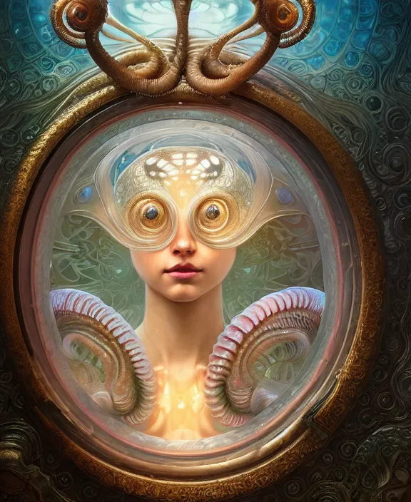 Prompt: intricate ornate opulent transparent clear see - through portrait of a terrifying beautiful alien nautilus, mottled coloring, adorable, childlike, pastoral environment, ultra realistic, concept art, art nouveau, photorealistic, octane render, 8 k, unreal engine. art by christopher marley and artgerm and greg rutkowski and alphonse mucha