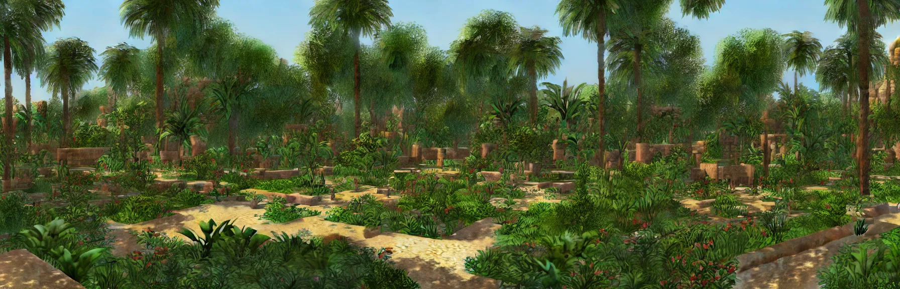 Image similar to A beautiful garden in the ancient city of Babylon; very detailed, by Paul Gauguin, Moebius; artstation, unreal engine 5