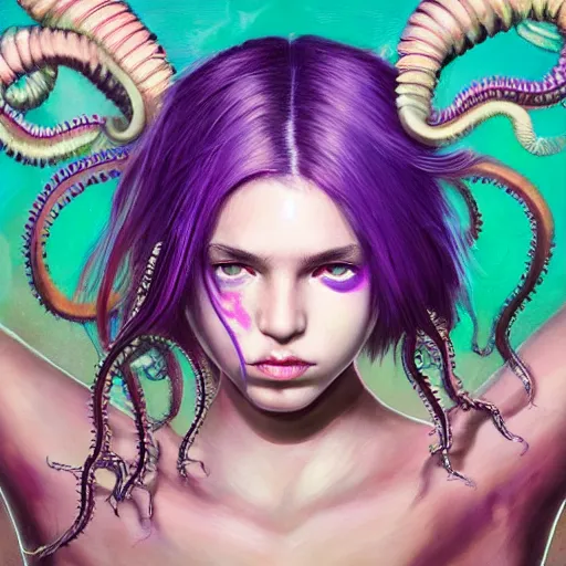 Prompt: detailed art portrait of a furious teen girl with thin, hair-like purple tentacles on her head and bright purple eyes, 8k,by tristan eaton, Stanley Artgermm,Tom Bagshaw,Greg Rutkowski,Carne Griffiths,trending on DeviantArt, face enhance,hyper detailed ,full of colour