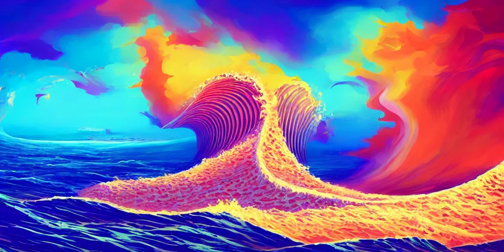 Image similar to A beach shaped like a singing mouth, the waves are made is musical notes, one wave is shaped like the mouths tongue, Very colorful painting 8k trending on art station, Intricate details, very realistic, cinematic lighting, volumetric lighting,