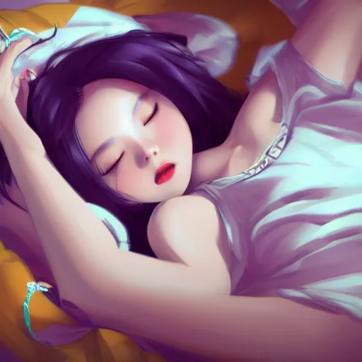 Image similar to lofi hiphop girl lying in bed listening to music by Wenqing Yan, WLOP, Zumidraws, OlchaS Logan cure liang Xing