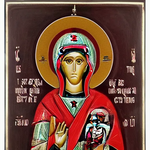 Prompt: red and silver icon of the Theotokos