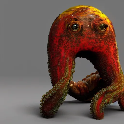 Prompt: a repulsive lonely-looking animal-like creature with rough unusual coloured tentacled skin, a long snout and bulging eyes, ultra realistic 3d render with shadow