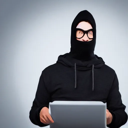 Image similar to hearthstone art of a hacker wearing a ski mask with two arms, two legs, black sweatshirt, black pants, by grey walls and grey lighting.