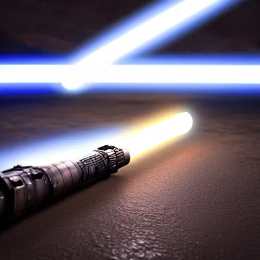 Image similar to ultra - detailed cinematic render, of a lightsaber hilt, lying on a stone, lit up in a dark room, octane render, high quality, digital art, 8 k, jedi fallen order ligthsaber, volumetric lighting