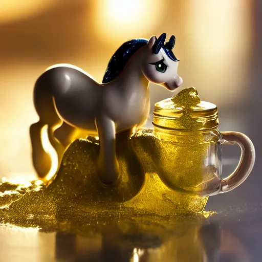 Image similar to a my little pony figure in a jar covered in a mysterious sticky yellowish fluid, photography, 8 k