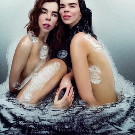 Image similar to stunning vogue magazine photo of dark - haired goddesses vanessa kirby, hailee steinfeld, and bjork smiling, legs intertwined, in a bubble bath, with wet faces!!, wet lips, smooth skin, perfect eyes, insanely detailed, elegant, by wlop, rutkowski, livia prima, mucha, wlop,