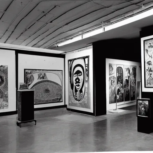 Prompt: A black and white photography of an exhibition space with works of Sun Ra, Marcel Duchamp and tropical plants, 60s, offset lithography print