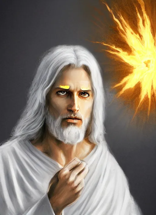 Image similar to « portrait of the white - haired jesus in a white robe and flaming yellow eyes, holding seven stars in right hand, high - contrast, intricate, elegant, highly detailed, bible illustration, digital painting, artstation, concept art, smooth, sharp focus, illustration »