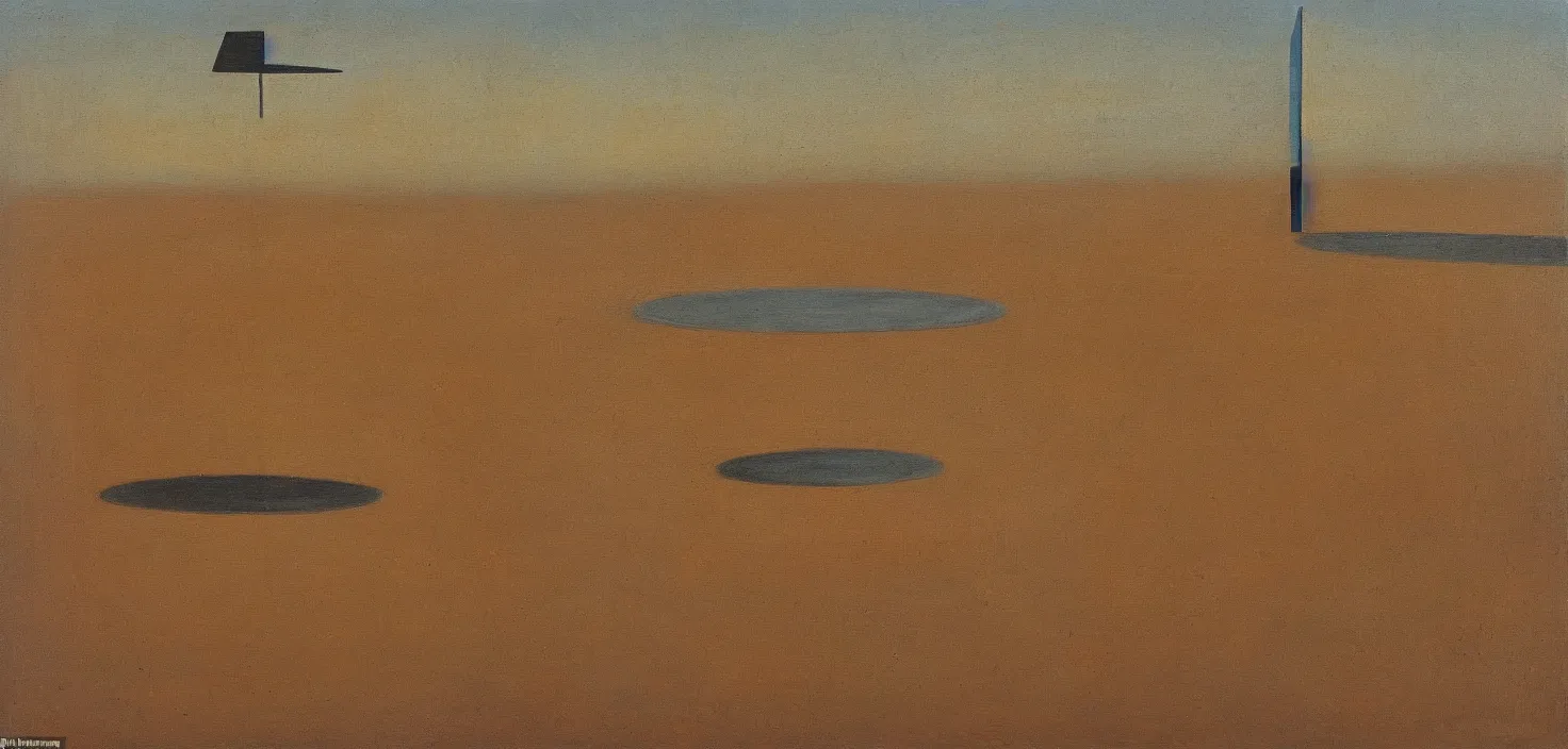 Prompt: painting of a giant sundial in the middle of the desert at the centre of a lake, small elongated planes, representation with abstraction, frenetic oil painting, values as flat shapes