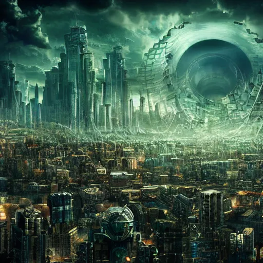 Image similar to megacity, hive city, futuristic dystopian endless, intricate, complex, labyrinthine, byzantine, tangled, matte painting, night, gloomy, dark, dramatic, cinematic, volumetric lighting, gods eye view