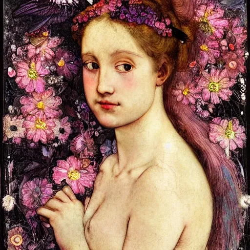 Prompt: a beautiful young lady with huge bright silver eyes, explosion of flowers and butterflies, daguerreotype by pontormo, by gustave moreau, by Mackintosh, by schiele, art noveau, highly detailed, strong lights, liminal, eerie, Bright pastel colors