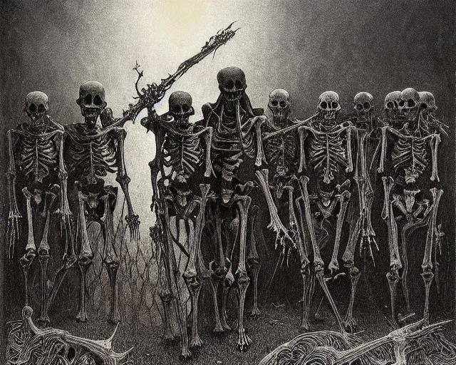 Prompt: satanic skeleton gang emerge from the cemetery on a dark night by zdzisław beksinski and gustave dore and alphonse mucha