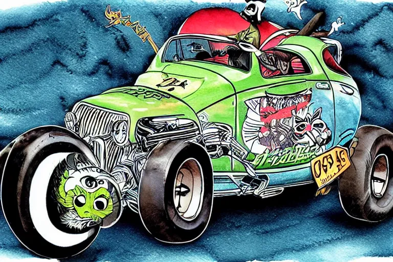 Image similar to racoon riding in a tiny hot rod coupe with oversized engine, ratfink style by ed roth, centered award winning watercolor pen illustration, by chihiro iwasaki, edited by range murata
