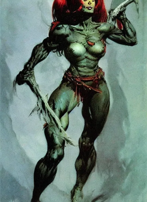 Prompt: female vetala, strong line, deep color, beautiful! coherent! by frank frazetta, high contrast