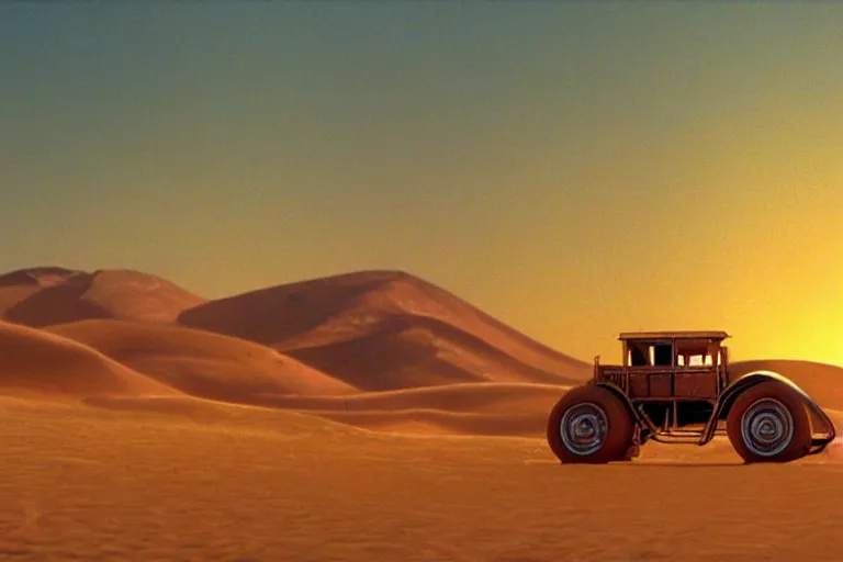 Prompt: giant wheels roll toward a golden desert sunset, cinemascope, studio ghibli, widescreen