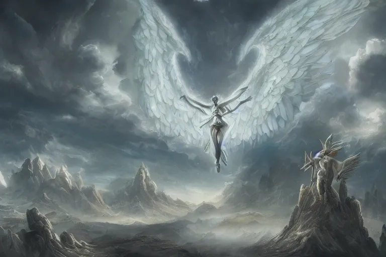 Image similar to monstrous angels descending from the sky as people praise them, digital painting, mixed media, trending on artstation and deviantart, epic composition, highly detailed, 8 k