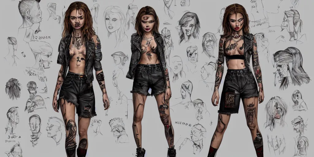 Prompt: portrait sasha rose as a tattooed bartender, wearing scratched and ripped leather shorts and a short jacket full of stamps and stitches, character sheet, fine details, concept design, contrast, brigitte bardot, kim jung gi, greg rutkowski, trending on artstation, 8 k, full body, turnaround, front view, back view, ultra wide angle