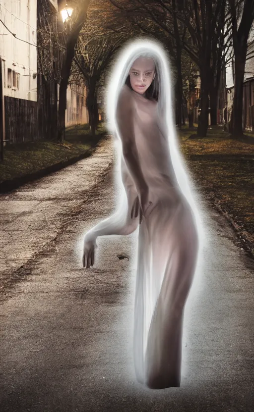 Image similar to a long shot photo of a translucent woman, invisible, streets, ghost, creepy, horror, scary, stressful, caucasian, feminine, nighttime, daytime, glow up, realistic, 8 k, hdr, extremely detailed