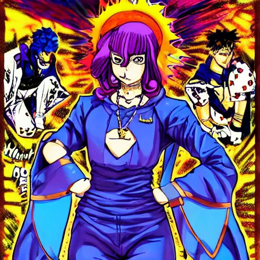 Image similar to a jojo's bizarre adventure manga artstyle colorful sktech : Marie the mother of Jesus standing up arm crossed by hirohiko araki shonen jump, crips details, realistic, featured on Artscape