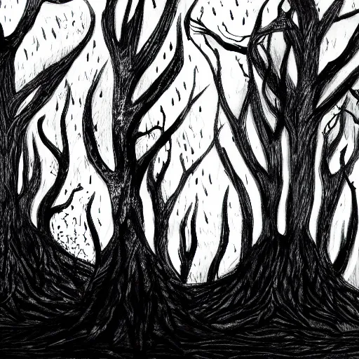 Image similar to dark trees illustration, dark fantasy, black ink on white paper, sketched 4k