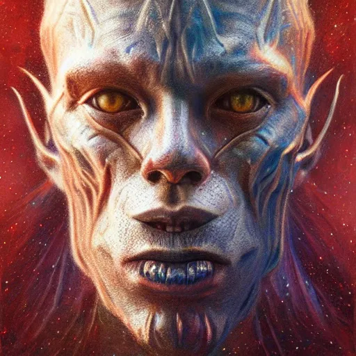 Prompt: Intricate five star Space demon portrait by greg rutkowski, Colored pencil on paper, high detail, skin texture, photo realistic, hyperrealism,matte finish, high contrast, 3d depth, masterpiece, vivid and vibrant colors, Prismacolor Pencils,artstationhd