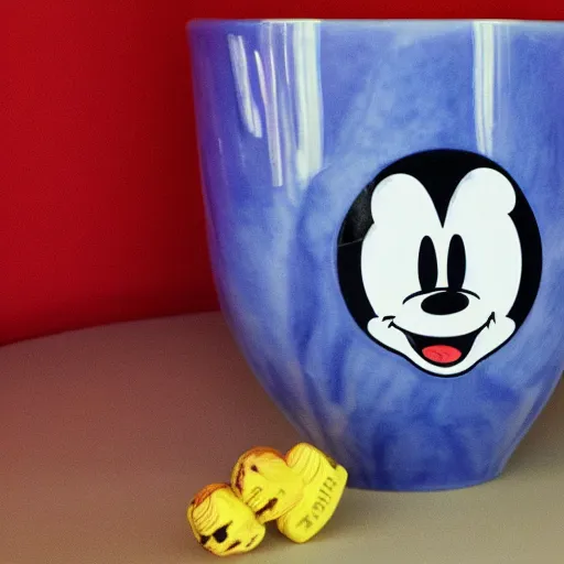 Image similar to a delft blue vase with a happy mickey mouse meth depicted on it ; extremely detailed