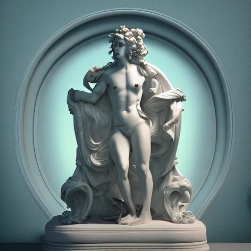 Image similar to baroque rococo vaporwave statue, trending on art station, 4k UHD, 8k, painting illustration, high detail, rendered in unreal engine, 3d render, god rays, volumetric lighting, award winning, photorealistic