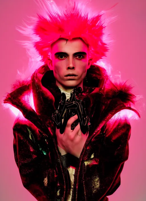 Prompt: photo of baroque and bladerunner delicate neon ruby sculpture of seductive ceramic albino king adrien sahores delicious pink iridescent humanoid deity wearing black fluffy hoody holding diamond skull in a black metallic dungeon, reclining, glowing rainbow face, crown of white diamonds, cinematic lighting, photorealistic, octane render 8 k depth of field 3 d