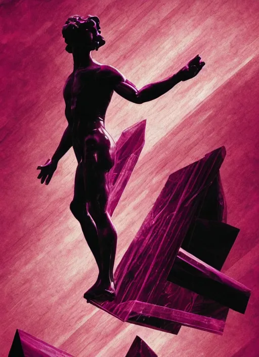 Image similar to elegant dark design poster showing a greco roman statue, black background with very subtle red and purple design elements, powerful, nekro, vito acconci, thin straight purple lines, dark, glitch art, neo vaporwave, gritty, layout frame, square, trending on artstation