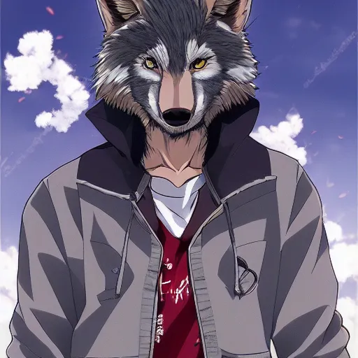 Image similar to key anime visual portrait of an anthropomorphic anthro wolf fursona, in a jacket, with handsome eyes, official modern anime art