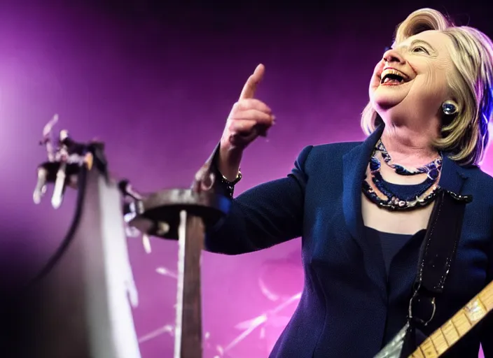 Image similar to publicity photo still of hillary clinton in a death metal band playing live on stage, 8 k, live concert lighting, mid shot