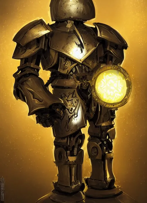 Image similar to full body, dynamic attack position abstract portrait of a intricate glorious holy mechanical warforged character in yellow armor holding a paladin engraved great longsword drawn and carrying a big paladin shield, glowing!!!! eye!!!!!, face in focus, pit droid, epic , trending on ArtStation, masterpiece, cinematic lighting, by Ross Tran and by Greg Rutkowski