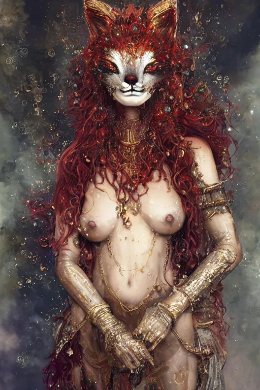 Prompt: priestess thin woman with curly red hair with glittering priestess clothes wearing a glittering fox mask with tiny mineral and bismuth incrustations. By tom purvis, emil melmoth, zdzislaw belsinki, Craig Mullins, yoji shinkawa, dark rainbow color scheme, featured on artstation, beautifully lit, Peter mohrbacher, zaha hadid, hyper detailed, insane details, intricate, elite, ornate, elegant, luxury, dramatic lighting, CGsociety, hypermaximalist, golden ratio, environmental key art, octane render, weta digital, micro details, 3d sculpture, structure, ray trace 4k