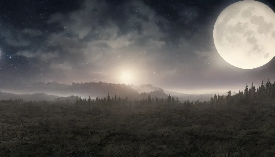 Prompt: a beautiful landscape at dusk, big moon and stars in the sky, matte painting, dark blue tones, concept art, 4k