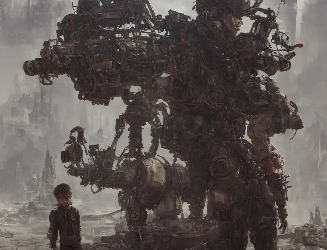 Image similar to an intricate concept art of a boy with backpack and sci - fi tools, cinematic, post - apocalyptic, hyper maximalist, matte painting, ultra detail, concept art, hyper realistic, cgsociety, hyper maximalist, artstation, deviantart, style by feng zhu and dylan cole, octane render, anime style