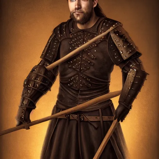 Prompt: realistic portrait, 30 year old man, dark taint :: athletic, fantasy mage, medieval leather armour, brown clothes, wooden staff :: high detail, digital art, RPG, concept art, illustration