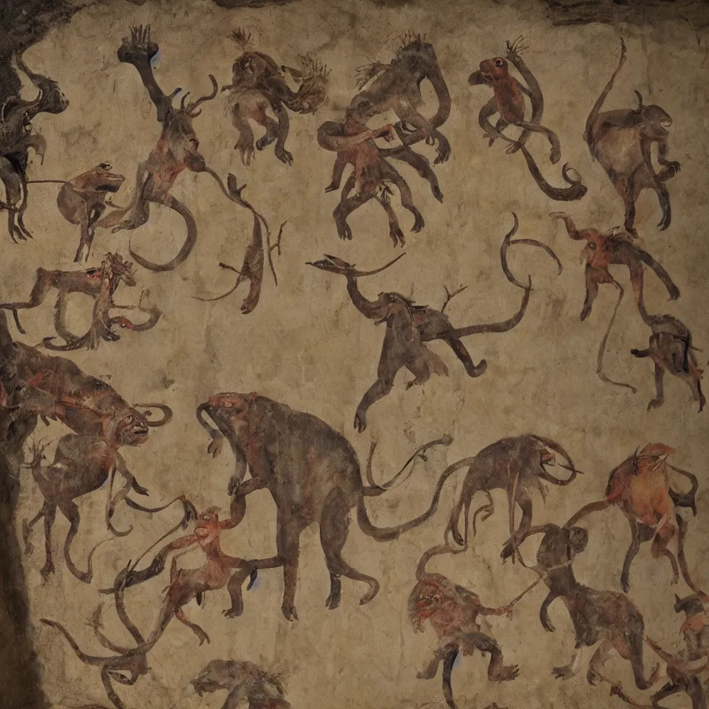 Image similar to prehistorical fresco of muppets hunting mammoth, cave wall, spotlight, hard light, finger painting