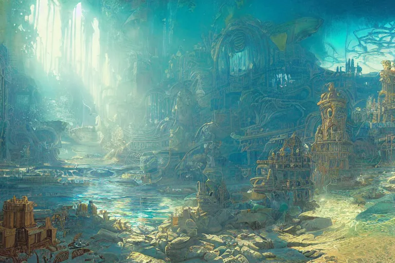 Image similar to a beautiful painting of the lost city of Atlantic city under water, ray of sunlight, mermaids in distance, Greg Rutkowski, Moebius, Mohrbacher, Mucha, blue and gold color scheme