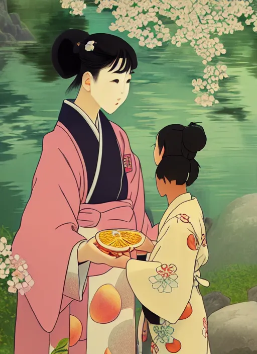 Prompt: painting of a girl wearing a kimono giving a peach to an anthropomorphic asian black bear, featured in artstation, octane render, cinematic, elegant, intricate, 8 k, close up, in the style of studio ghibli and heikala and alphonse mucha,