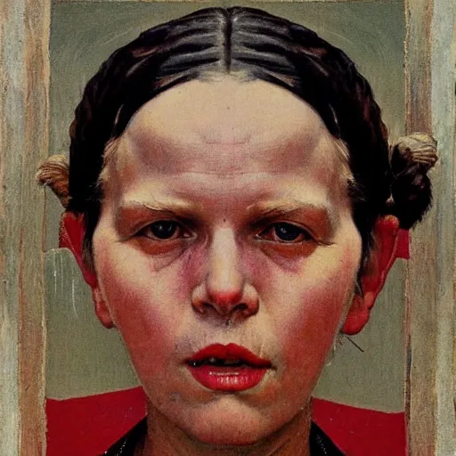 Image similar to Frontal portrait of a white-skinned tribal woman. A portrait by Norman Rockwell.