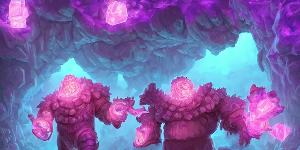 Image similar to giant crystal golem, d & d 5 e creature, bright pink purple lights, underwater, watery caverns, art by artgerm