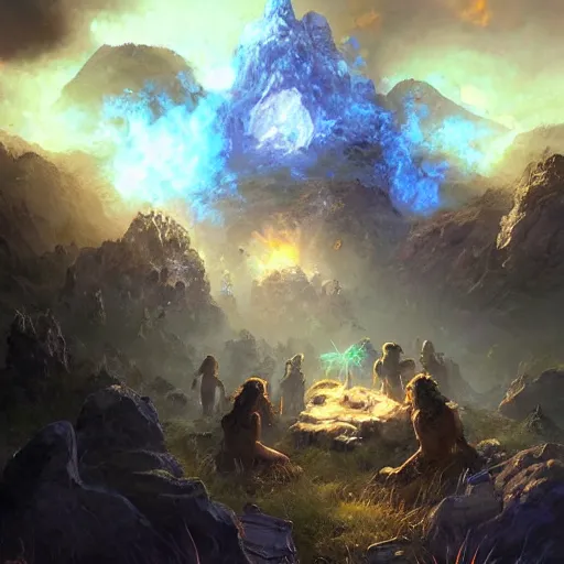 Prompt: a glowing metal rock, magic smoke, small creatures in the background, hearthstone art style, epic fantasy style art by Craig Mullins, fantasy epic digital art, epic fantasy card game art by Greg Rutkowski