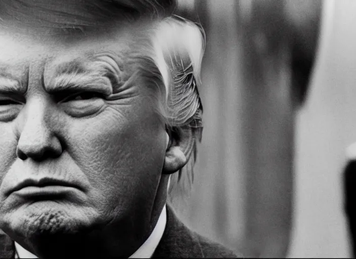 Image similar to screenshot wide shot from moody scene of Donald Trump pensive, in High and Low, 1963 film directed by Akira Kurosawa, kodak film stock, black and white, anamorphic lens, 4K, detailed, stunning cinematography and composition shot by Takao Saito, 70mm