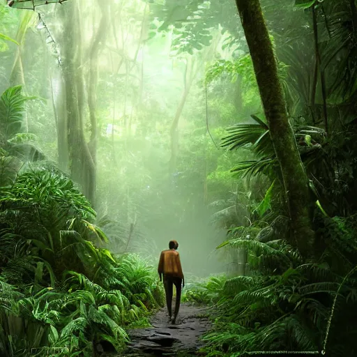 Image similar to realistic photo of man wandering through a rainforest, artstation, detailed, 8k