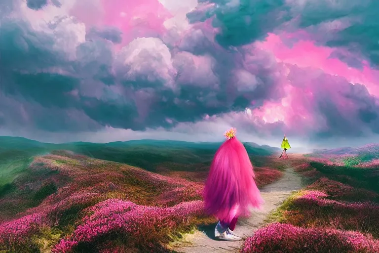 Image similar to giant dahlia flower crown on head, girl walking on mountain, surreal photography, pink storm clouds, dramatic light, impressionist painting, digital painting, artstation, simon stalenhag