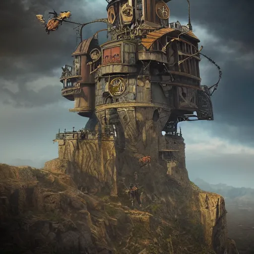 Prompt: a flying steampunk fortress, extremely detailed, behrens style, octane render, fantasy digital art, beautiful composition, trending on artstation