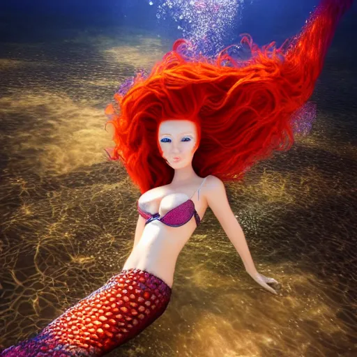 Prompt: a beautiful redhead mermaid in the middle of the ocean, sunshine underwater, pearls, efflorescence, futuristic cybernetic engine, intricate details in the frames, symmetrical, magic, 4k high quality render.