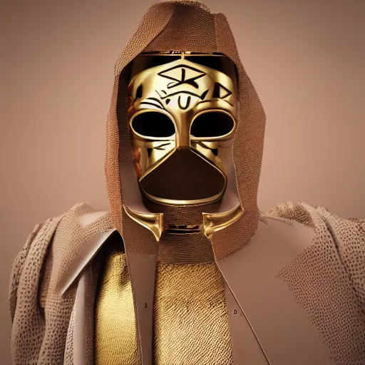 Image similar to portrait of masked dune dynasty with louis vuitton clothes, white background, louis vuitton logo, 8 k, symmetrical, 3 d render, octane render, insane details